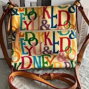 DOONEY & BOURKE Vintage Letter Carrier Crossbody. 8.5”x9”. Rainbow zippers.